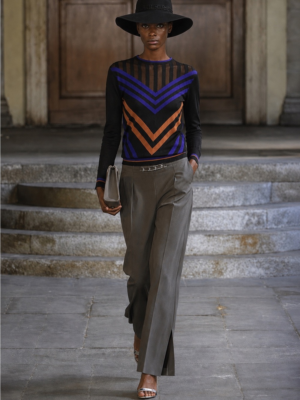 Oblique Creations Italian Knit Chevron Sweater Size 0 Dark Gray Purple Orange